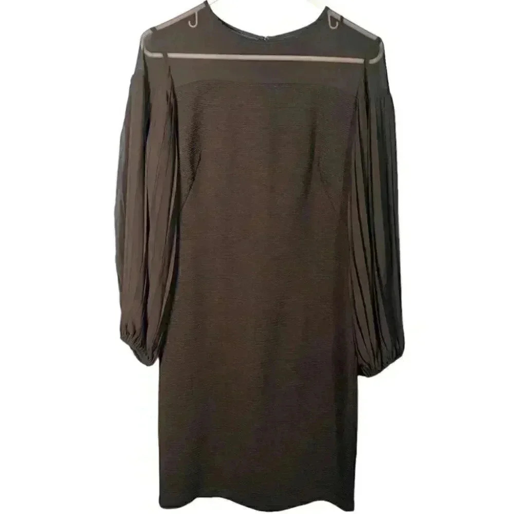 Gabby Skye Black Puff Pleated Sheer Sleeve Minimalist Dress